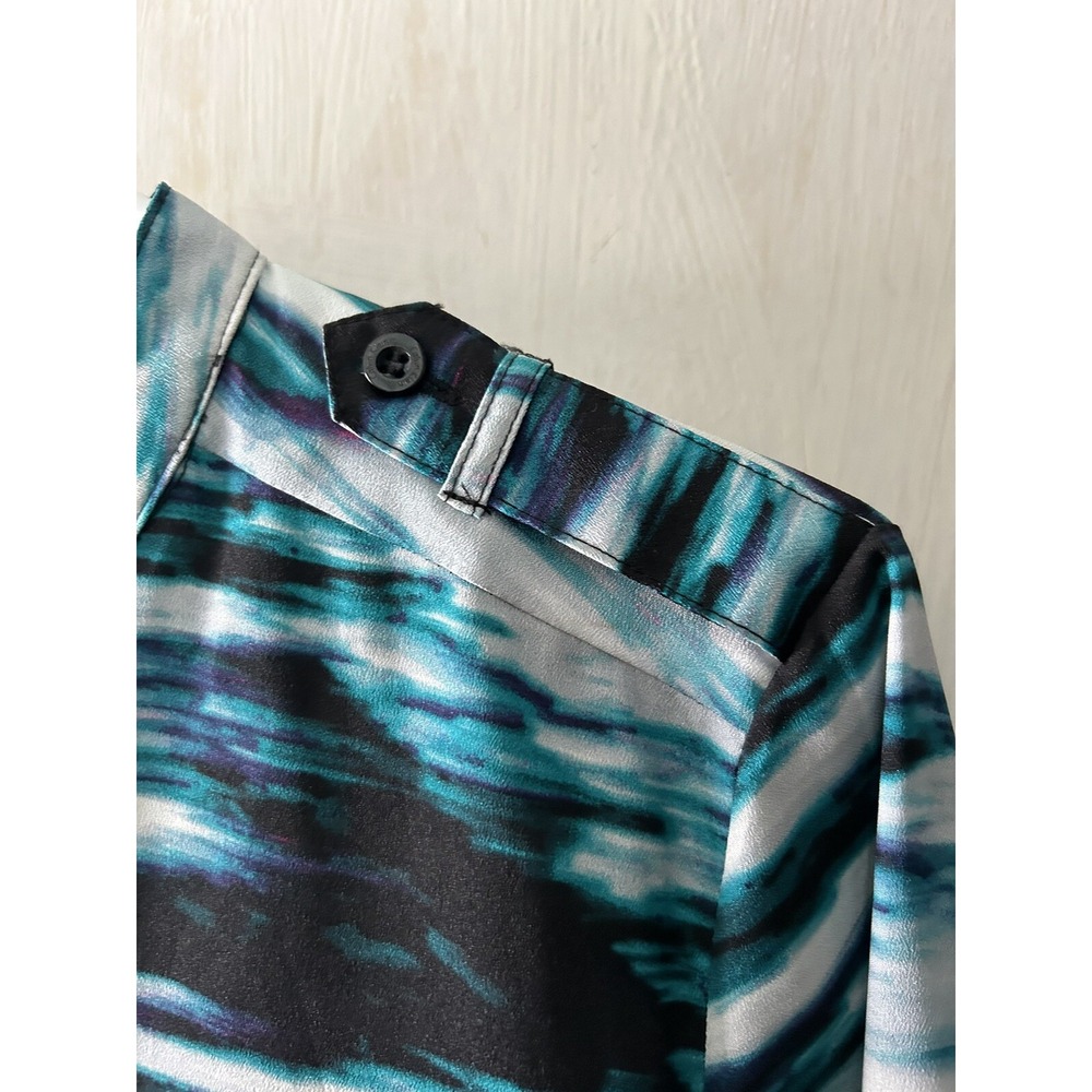 Calvin Klein V Neck Long Sleeve Button Up Blouse Blue Black White XS/ECH/TP - Picture 4 of 6